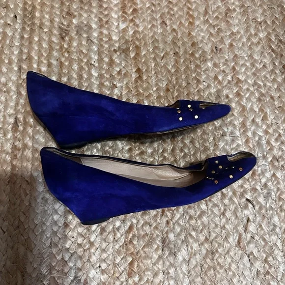 Loeffler Randall 2" Platform Peep-Toe Blue Suede Wedges - Picture 4 of 7